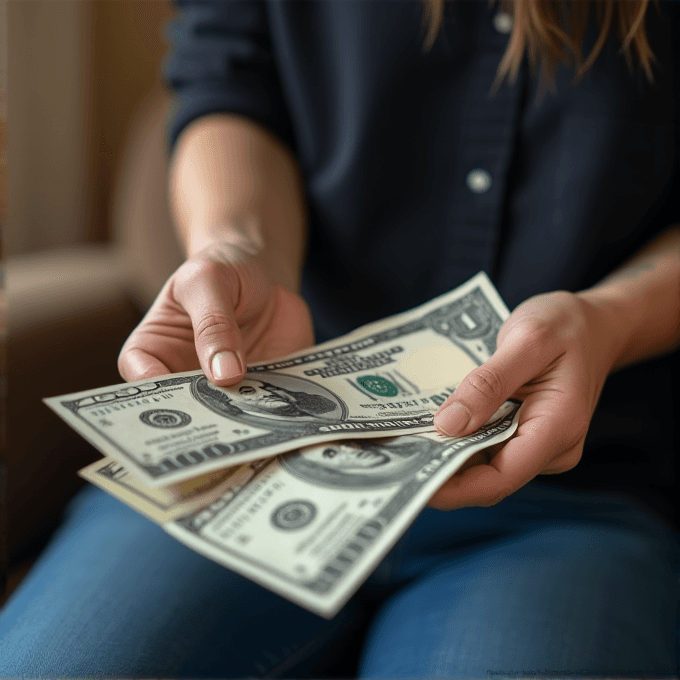 A close-up image of a pair of hands holding multiple US $100 bills.