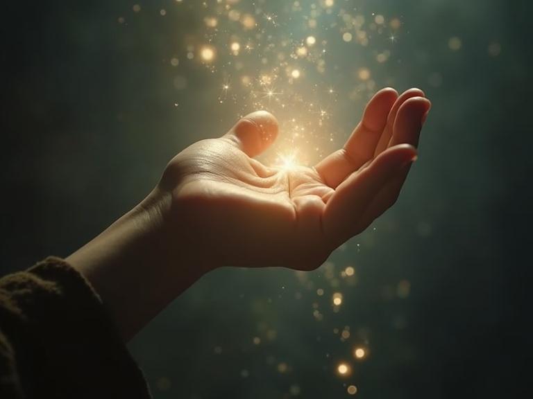 Hyper-realistic art piece depicting a luminous hand made of starlight gently resting on a person's shoulder. The atmosphere conveys calmness and strength through divine guidance and ethereal lighting.