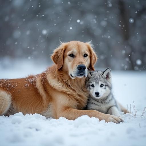 Golden retriever lying down beside a small white-gray wolf cub in a snowy clearing with drifting snowflakes.