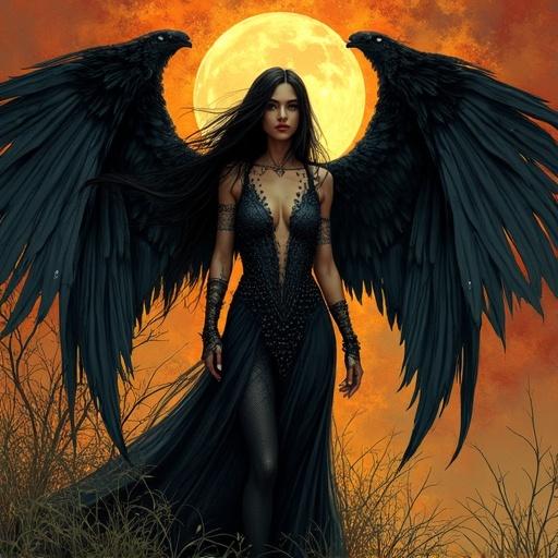 The Morrigan depicted with large black wings. Scene includes a full moon in the background. Artwork inspired by comic book styles. Warm colors and high detail. Focus on dramatic shadows and light effects.