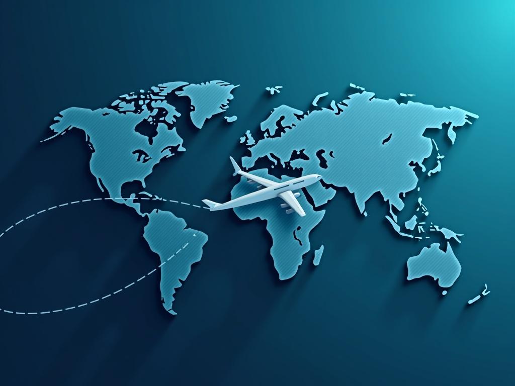 Static image mockup of a 3D world map with a stylized cargo plane. Routes traced from Sweden to Germany to India and back to Sweden. Dashed lines indicate motion with labels for each country. Tagline emphasizes global connections. Futuristic design elements with a cool-toned gradient palette.