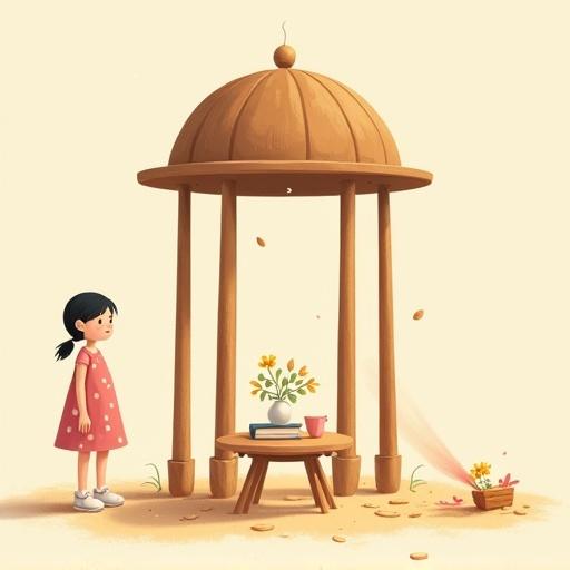 Children's illustration featuring a wooden structure with a dome and columns. A young girl stands nearby looking at a tilted table with a vase and books. Soft lighting enhances the dreamy feel with dust particles visible.