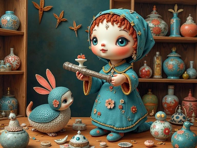 A whimsical doll wearing a turquoise dress holds a decorative branch while a charming bird companion stands nearby. The scene is set in a cozy emporium filled with colorful ceramic pots and artful decorations.