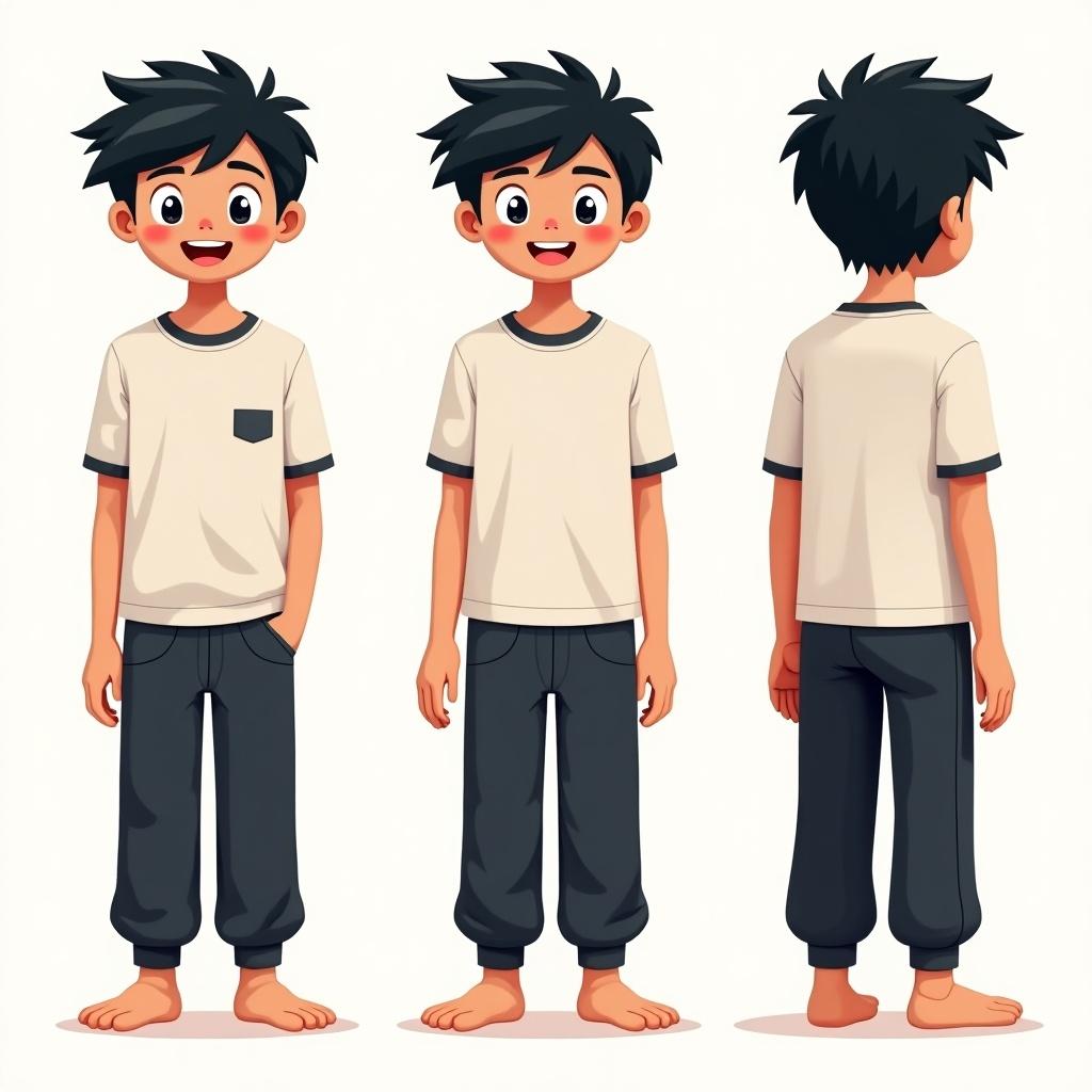 Cheerful cartoon character turn-around sheet. Character with short black hair wearing comfy dark pyjama pants and a band shirt. The sheet includes front, side, and back views. Artwork showcases a creative personality and chill at-home vibe.