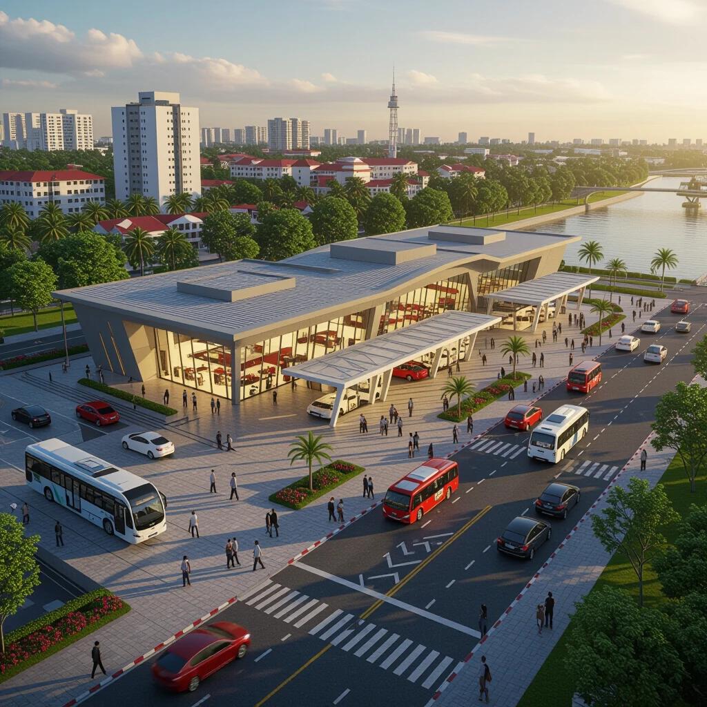 A realistic drone shot of Vytilla hub in Kochi. Includes bus terminal metro station and water metro station. Detailed with evenly exposed lighting and good framing. Shows real geographic accuracy.