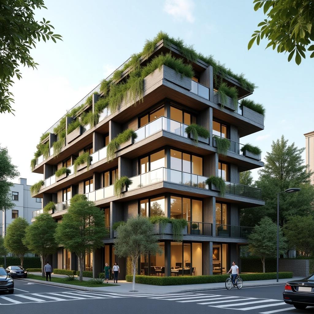 Image of a modern 3-floor building with residential apartments. Each unit features balconies with potted greenery. Abundant glass windows for natural light. Encourages accessibility and foot traffic. Ideal for urban spaces with a mix of nature and contemporary design.