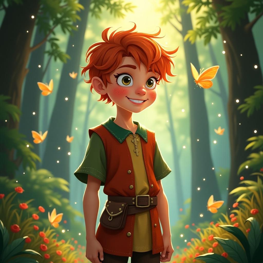 A character named Finnian in a magical forest with butterflies. He has curly red hair, a cheerful expression, and is wearing a colorful outfit. The background features soft lighting and tall trees with vibrant plants.