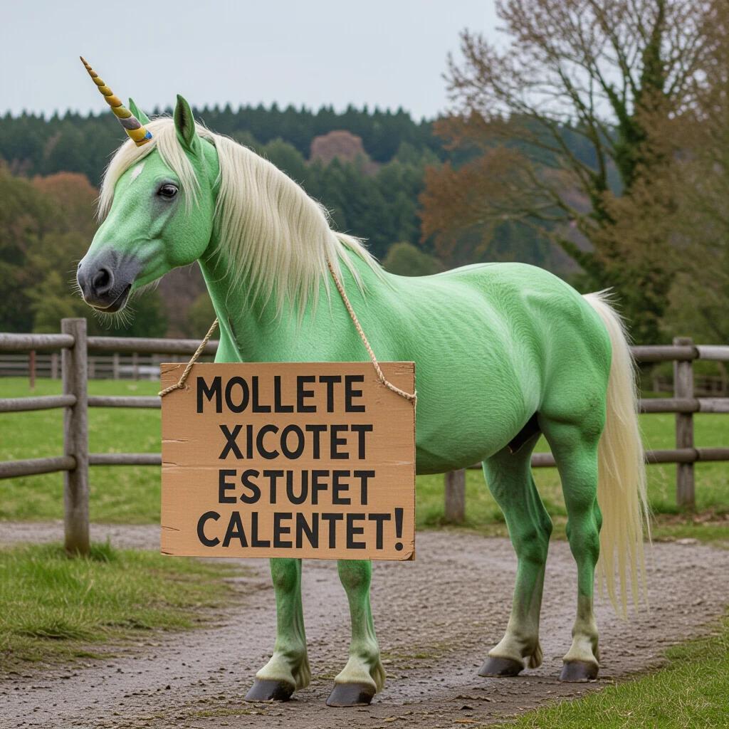 A green unicorn stands in a grassy field. It holds a sign. The sign says 'molletet xicotet estufet calentet'. The unicorn has a golden horn. The background is a natural landscape with trees.