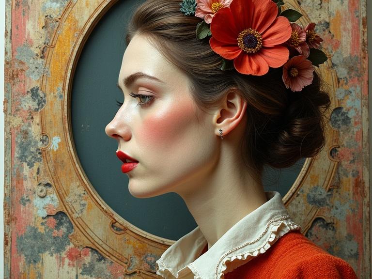 3D multi-layered mixed media art showcasing a profile portrait of a lady with florals on her head. Elegant design with intricate details and soft colors. Art inspired by romance and classic literature.