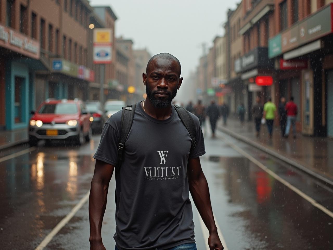 The image captures a man confidently walking down a rain-soaked street. He is dressed in a gray t-shirt with a logo, and the urban environment around him is buzzing with activity. The scene resonates with a moody atmosphere typical of rainy days. Cars are partially visible in the background, and pedestrians navigate the wet conditions. The lighting is soft and muted, enhancing the reflective surfaces on the road.