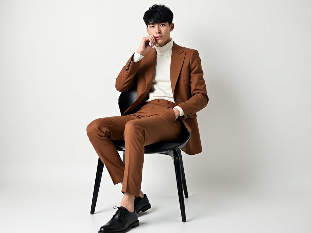 A fashion show scene featuring a male model, who has short black hair and a fair skin tone. He sits casually on a sleek black chair, wearing a stylish brown blazer and matching pants over a white turtleneck. The composition is minimalistic, with a plain white background that emphasizes the outfit. The lighting is soft, highlighting the model's thoughtful expression as he rests his chin on his hand. Notable details include the modern fashion choice and the overall elegant yet relaxed vibe.
