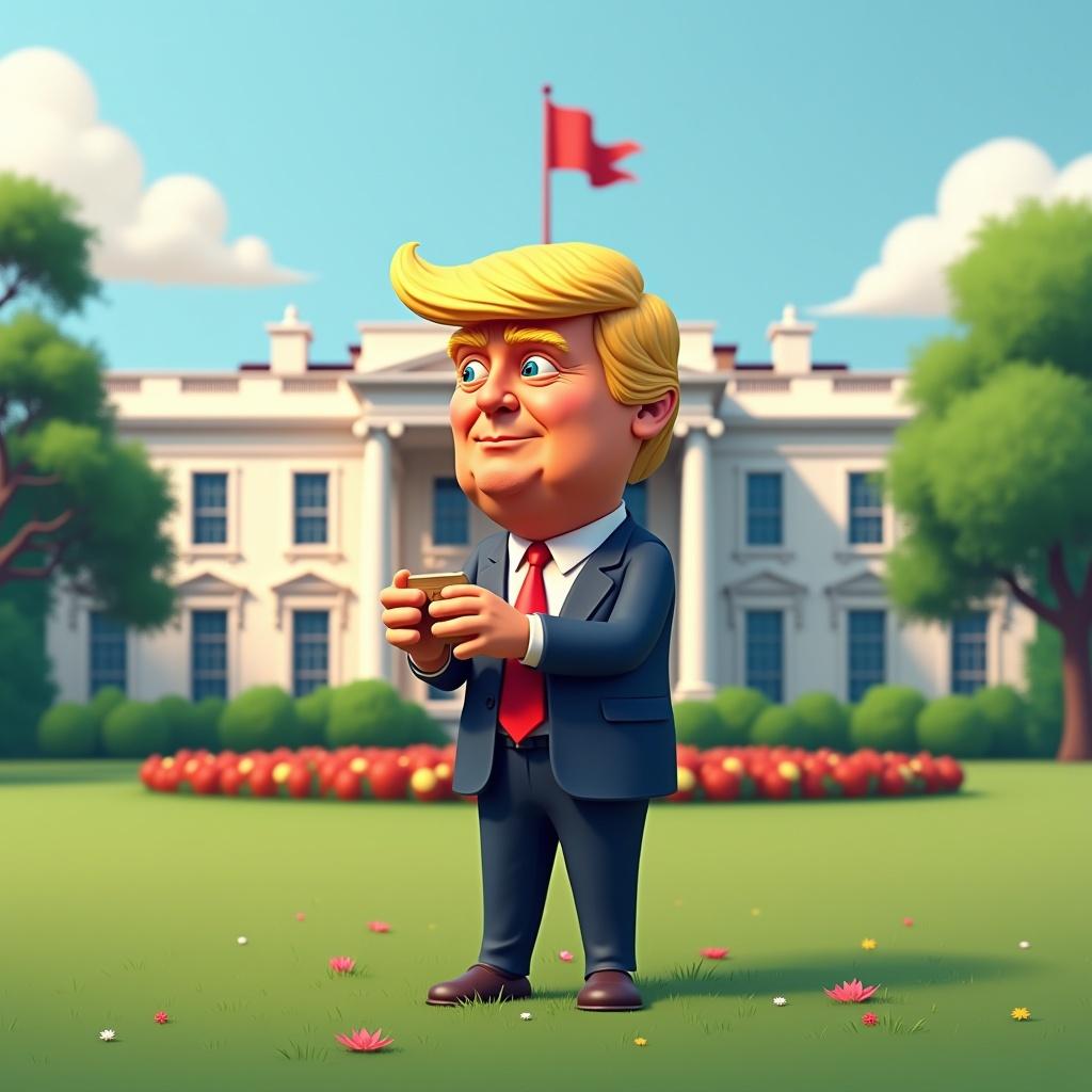 3D cartoon character of Donald Trump on the lawn of the White House. Character is holding a drink and smiling. The setting is vibrant and playful. Trump is depicted in a humorous style.