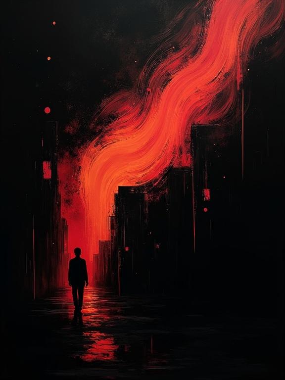 Digital painting with harsh brush strokes on a black background. Features a cubist silhouette of a person. Emphasizes abstract elements and flat colors. Unique design with a glowing red form flowing like a wave.