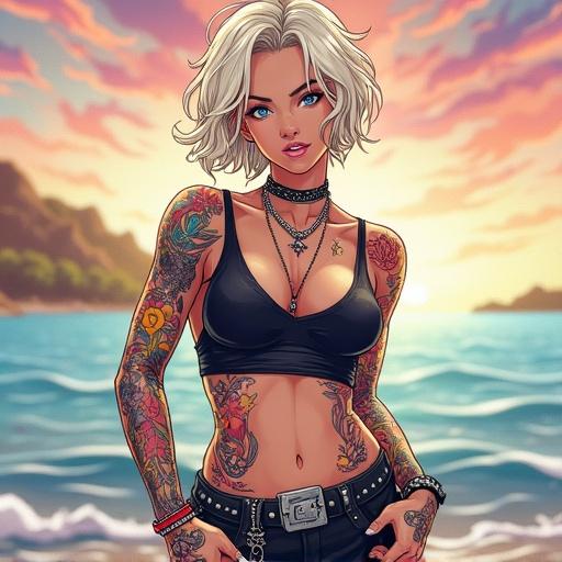 Anime character with a beautiful face and blue eyes. Short light blonde wavy hair. Wearing punk rock streetwear. Features colorful tattoos and piercings. Shows muscular arms and six pack abs. Set against a summer beach backdrop.