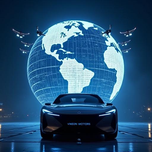 A flagship car from Vireon Motors in front of a large digital globe at night. Drones flying above form the Vireon logo. Bright spotlight effects add dramatic flair. Neat presentation for a global launch event.