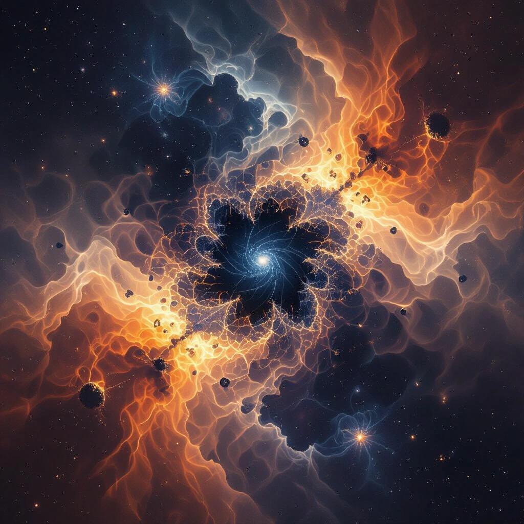 Surreal high tech aesthetics featuring Mandelbrot fractals, dark nebulae, and a cosmic wizard