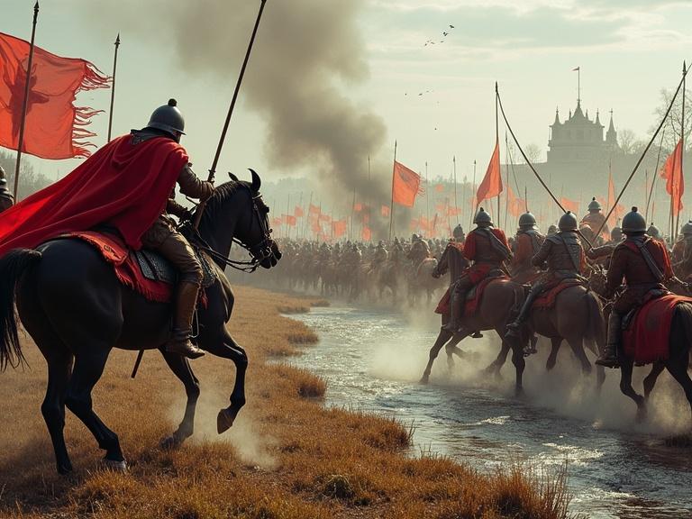 Dynamic battle scene depicting Ottonian cavalry led by Comes Gero engaging Obodrite warriors. Clash of cavalry and infantry, fighting in close quarters. German cavalry gaining upper hand through surprise attack. Background shows Obodrite encampment threatened by flank attack. Action-oriented style, chaotic depiction of battle. Dramatic lighting, elevated perspective to show combat.