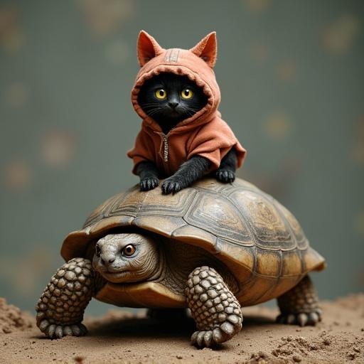 Create a ninja cat perched atop a turtle in the midst of a whimsical scene