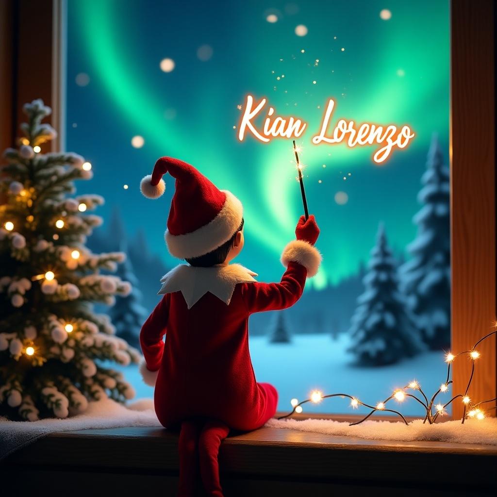 This enchanting Christmas scene features an elf on the shelf, facing away from the viewer. Dressed in a classic red and white outfit, the elf wields a magic wand, writing the name 'Kian Lorenzo' in glowing script against a stunning backdrop. The northern lights add vibrant colors to the sky, enhancing the magical atmosphere. A beautifully decorated tree and fairy lights add to the festive spirit. The entire scene captures the whimsical charm of the holiday season and evokes a sense of wonder.