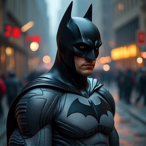 Batman figure in urban setting. Heroic pose under soft ambient lighting. Focus on suit details and city background. Evokes feelings of strength and vigilance.