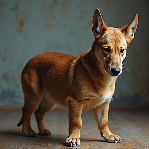 A brown dog standing in a room with a textured wall. The dog appears confident and alert. The room has warm tones with soft light.