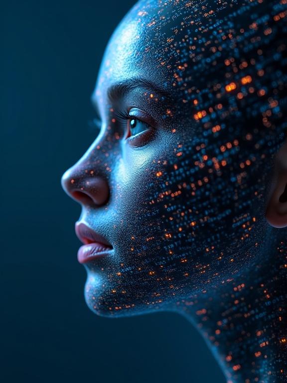 Futuristic digital AI face represented with binary code. The design features a blue and light orange color scheme suggesting human interaction with technology.
