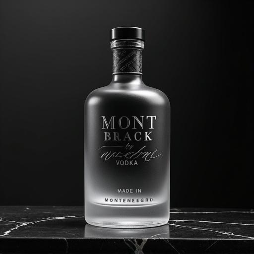 Sleek vodka bottle on dark marble surface. Frosted glass with silver lettering. Modern masculine luxury aesthetic. Shadowy background. Directional soft lighting enhances design elements.