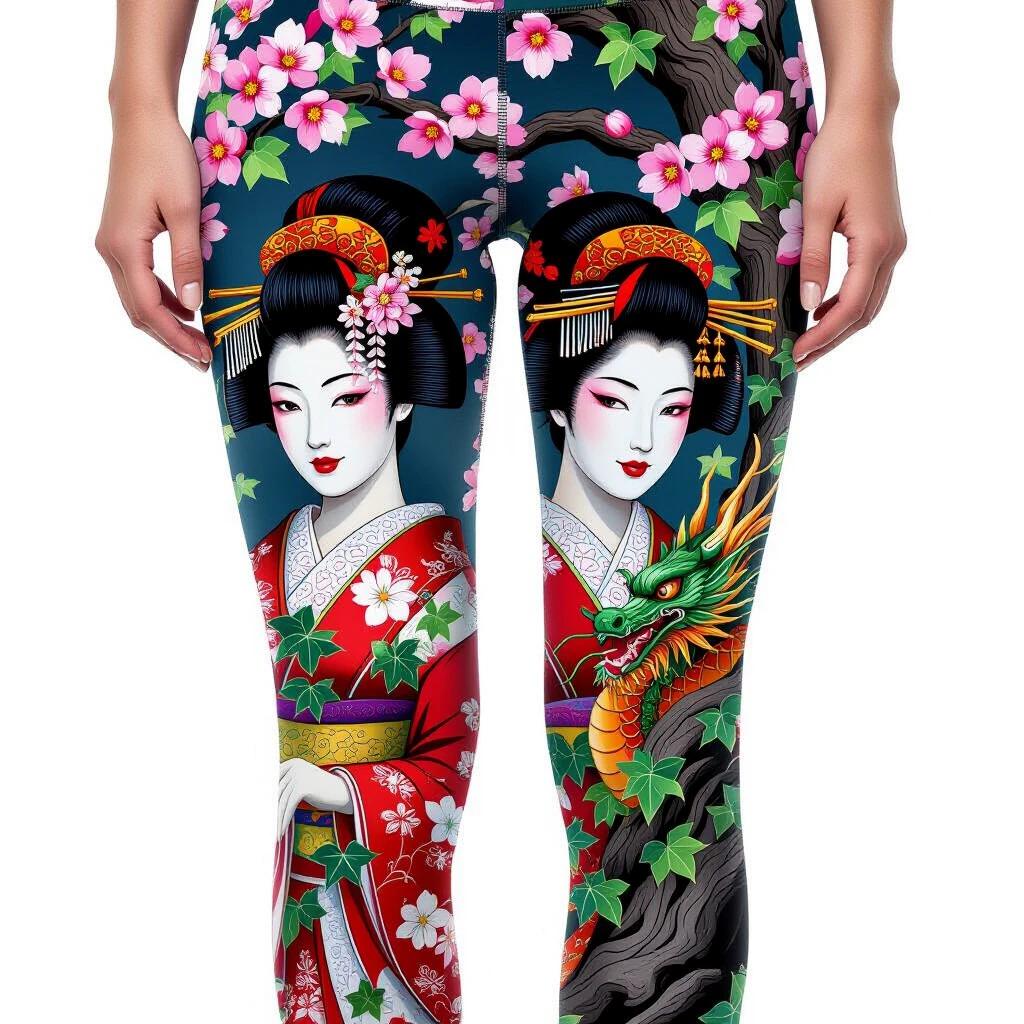 Close-up view of thigh-high leggings showcasing a stunning geisha alongside a dragon nested behind a tree. Features decorative ivy and cherry blossoms. Image captured in vibrant dark colors with high definition detail against a black background.