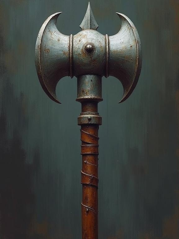 A mace with a sturdy handle wrapped in worn leather. The head is made of polished metal, featuring a flanged design with sharp, angular edges. Depicted in an impressionist Eldritch style.