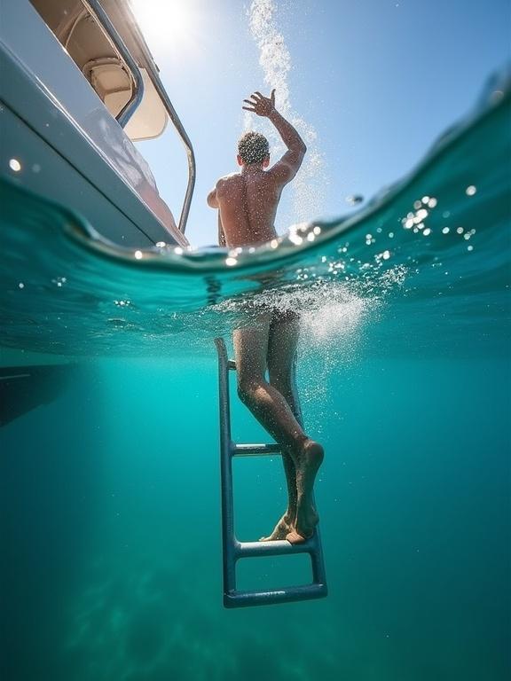 A low-angle shot from underwater shows a swimmer ascending a silver boat ladder. The turquoise water distorts the swimmer's figure. Only an outstretched arm and dripping hand reach above the surface. Bubbles trail upward. The boat's hull and blue sky are in the upper frame. Underwater photography with natural lighting and bokeh effects.