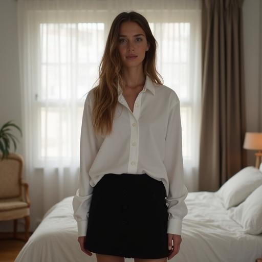 Show an 18-year-old girl in a bedroom wearing a white button-up long-sleeve shirt and black miniskirt. The room is decorated with a bed and a chair.