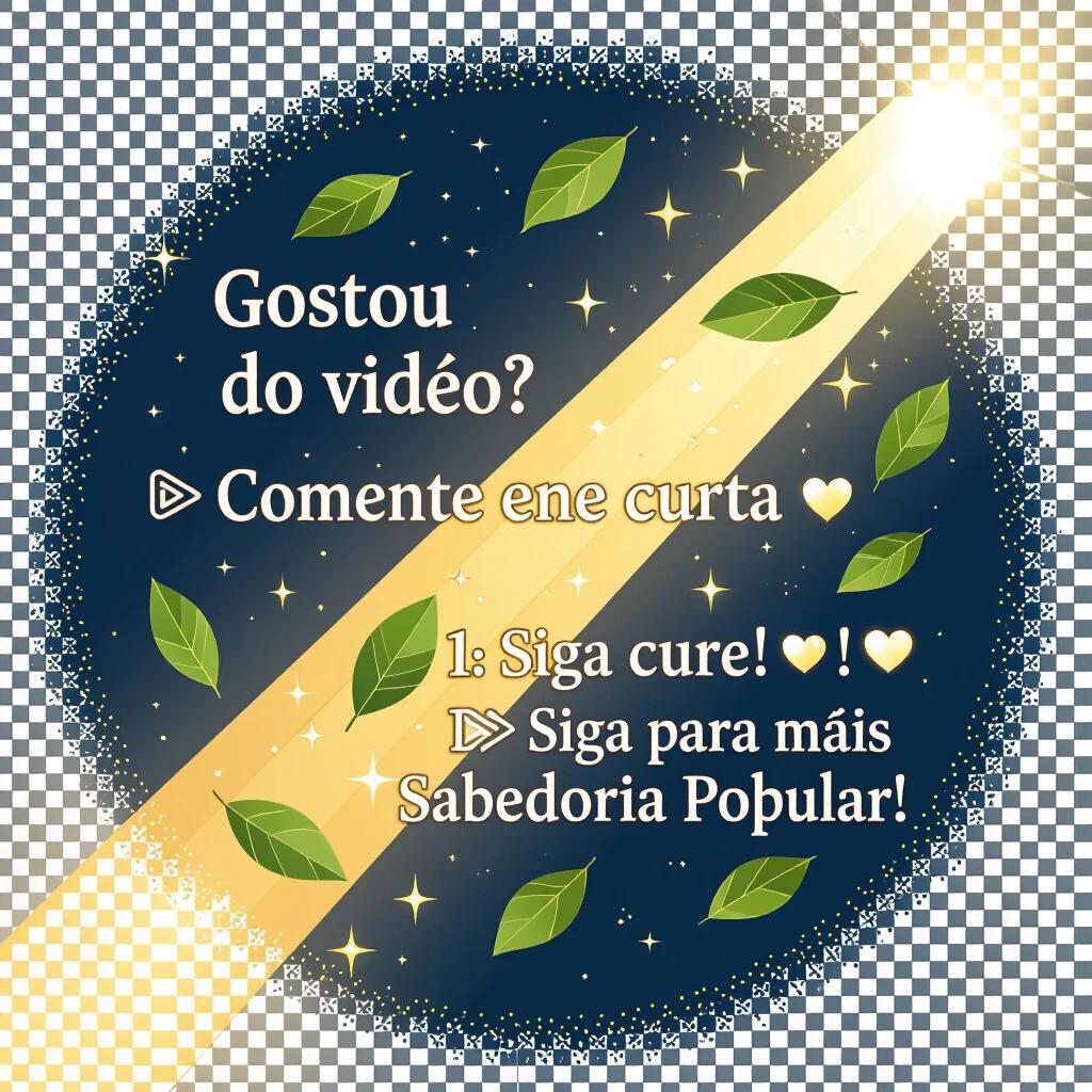 Create a vertical animation with a transparent background. Incorporate golden sparkles and floating bay leaves. Begin with a golden beam of light. Display text in Portuguese. Use smooth motion and magical effects. Export as GIF or WebM.