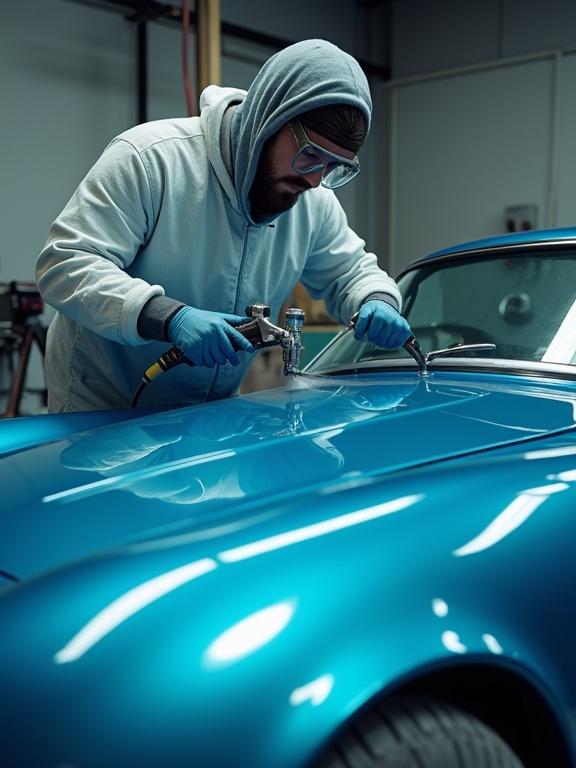 A meticulous automotive painter is in an industrial garage. The painter uses a spray gun on a sleek ocean blue metallic car. Protective gear worn; the painter demonstrates focus and determination. The car's glossy surface captures ambient light reflecting softly, creating a play of light and shadow. Neatly arranged tools are visible in the background. The composition hints at professional car painting.