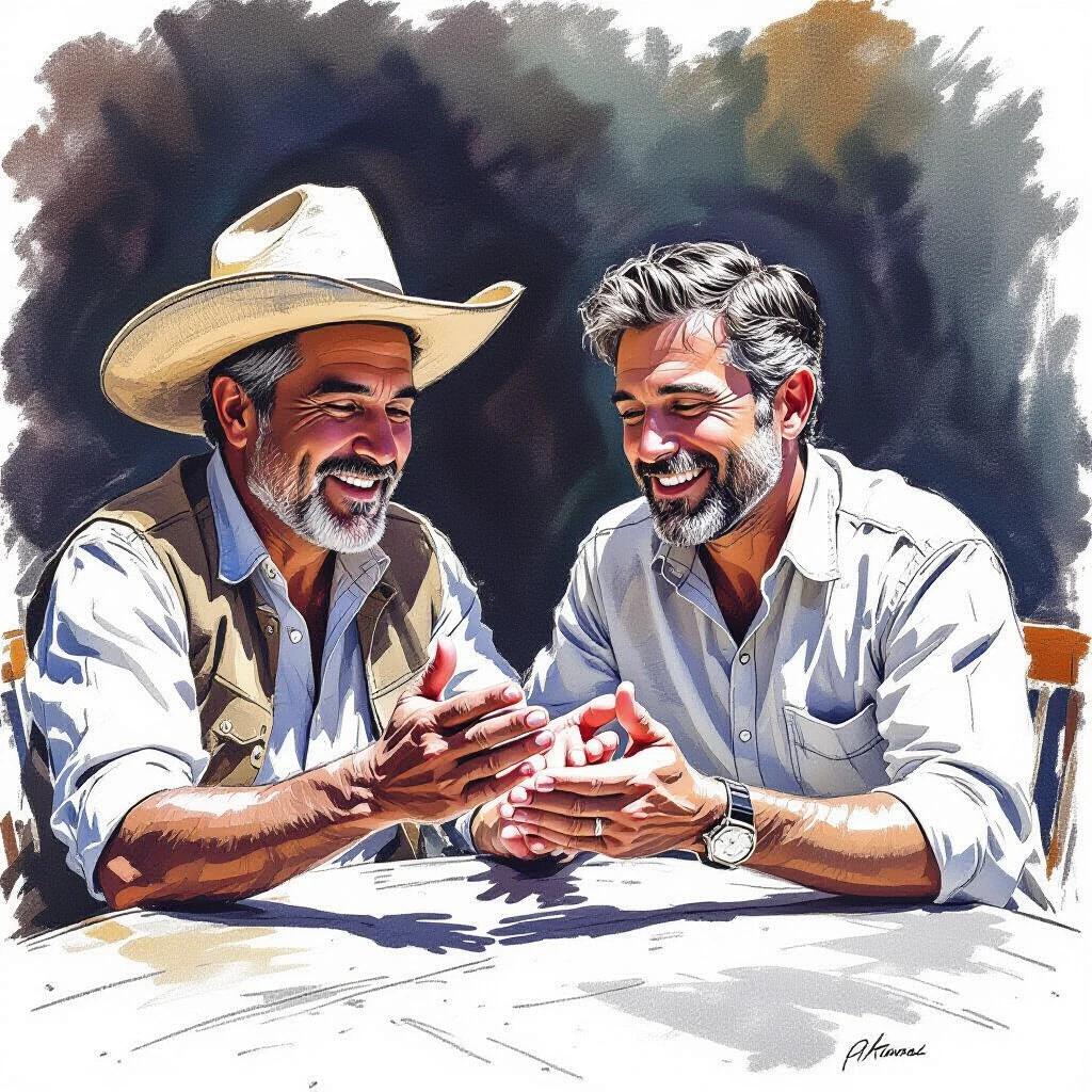 Two men engaged in a playful patty-cake game at a table. One man is wearing a cowboy hat and has a beard, while the other has short hair and is smiling. Both are dressed casually in light-colored shirts. Their expressions convey joy and camaraderie.