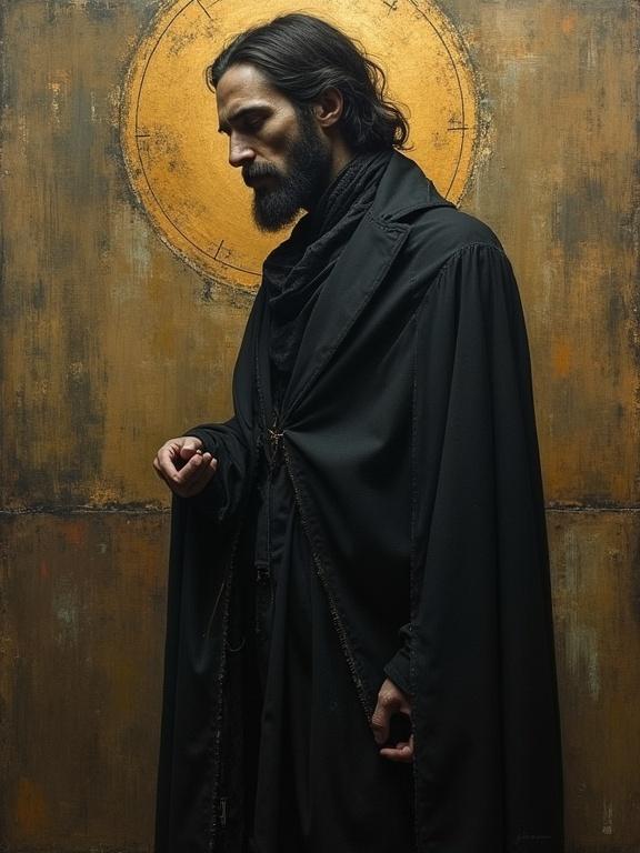 Dark style vision of Judas character. Inspired by apocryphal Gospel of Judas. Figure exudes calm and confidence. Surreal elements with symbols and abstract forms.