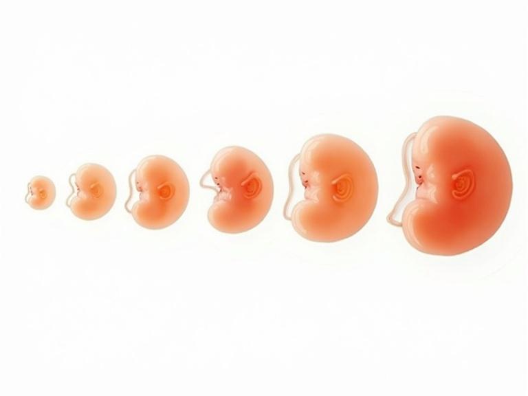 Show stages of human embryo development on a white background. Five embryos in a line. The first is small and the last is more developed. All have subtle facial features.