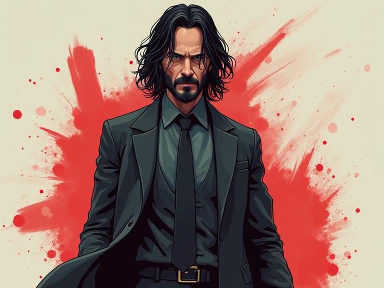 Illustration of a character resembling an iconic assassin. Character features long hair and a serious expression. Dressed in formal black attire. Background has red splashes of color. Intended for a dynamic action pose and model sheet design. Suitable for 3D printing.