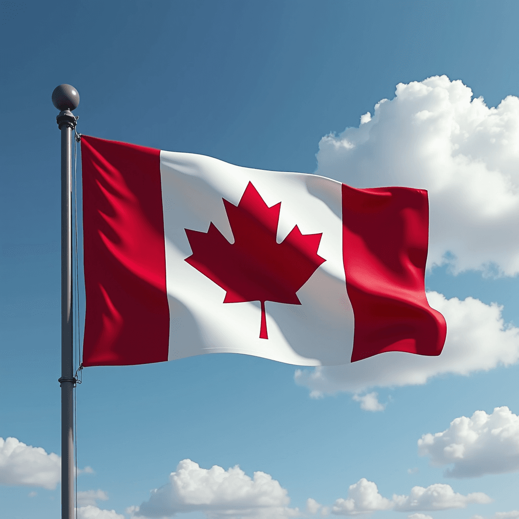 A Canadian flag waves against a backdrop of a bright, partly cloudy sky.