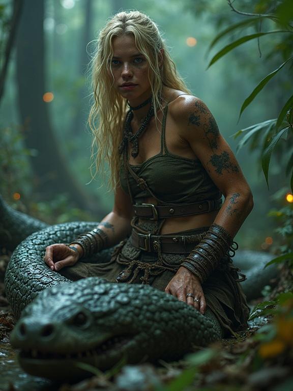 A young warrior sits astride a grotesque reptilian creature in a misty jungle. She wears ragged clothing, revealing her bruised body. Sweat trickles down her skin. Her expression shows determination. Bioluminescent fungi illuminate her face.