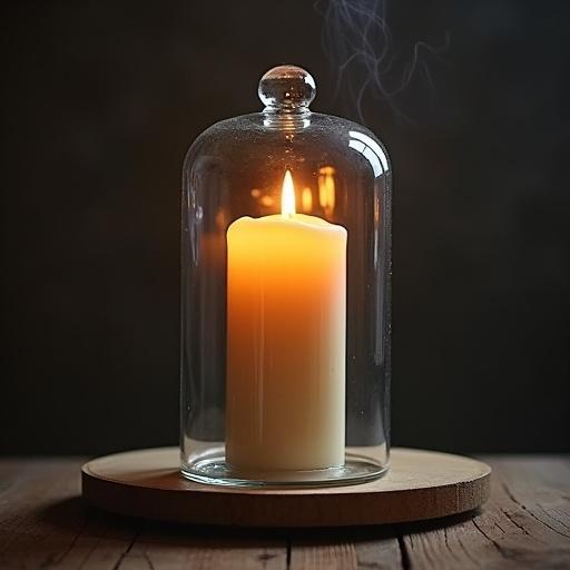 Candle inside glass chamber. Candle burns brightly, surrounded by warm light. No smoke or flame details visible. Ambient setting with soft focus and dark background.