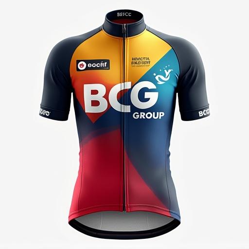 Professional image of a cycling kit designed for a cycling club. Features vibrant colors and sponsorship displays. Focuses on team spirit with the name 'BCG Group' prominently featured. Captures motion and competitiveness in cycling.