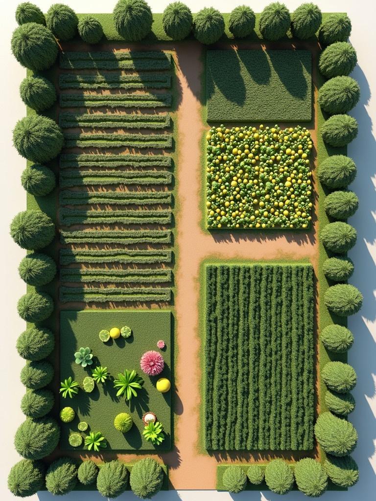 A model of a fruit plantation designed with 20 by 25 meters dimensions. The farm has mixed fruit trees and a boundary of plants surrounding 1280 square meters. The crop area measures 60 by 100 meters with intercropping techniques and a solar-powered drip irrigation system. Pathways are incorporated for easier movement and pest management.