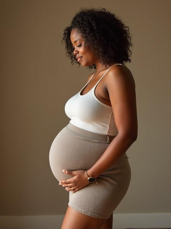 Profile of a pregnant woman wearing a snug tank top and skirt. The woman has curly hair and holds her belly gently. Natural light enhances the scene. The background is neutral and simple, focusing on her silhouette.