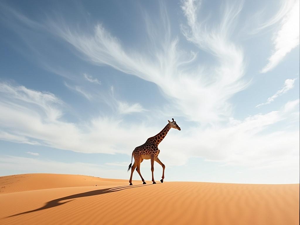 A giraffe (Giraffa camelopardalis) walks gracefully across a sandy dune, surrounded by wispy clouds in the sky. This striking image captures the essence of South Africa's unique landscape. The long neck and spotted coat of the giraffe stand out against the golden sands. The clouds swirl above, creating a dramatic backdrop. The serene moment highlights the beauty of wildlife in its natural habitat.