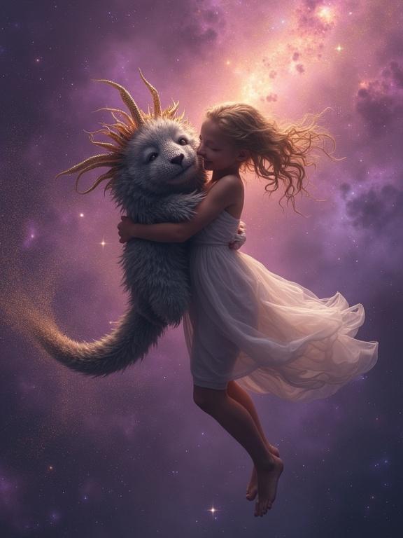 A beautiful girl in a white dress floats in zero gravity hugging a bizarre majestic space creature. Stardust trails from their embrace against a backdrop of purple and gold nebula. The scene has soft backlighting and an ethereal glow, evoking a sense of peace and surreal beauty.