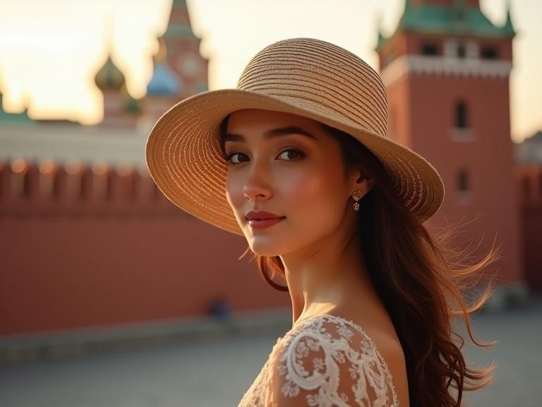 A waist-high portrait of a girl smiling slightly. She faces the camera with a straw hat. The Moscow Kremlin is in the background. The photo captures an evening light with warm tones and flies leaves in the air. The focus is on the girl with a softly lit face and perfectly sharp background.