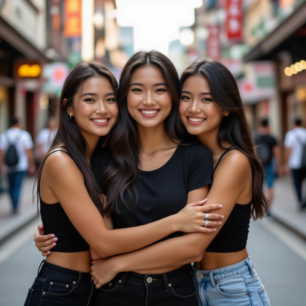 Three Asian women in black shirts and jeans hug each other in a city street. Smiles reflect joy and connection among friends. Background features an urban setting with people and shops.