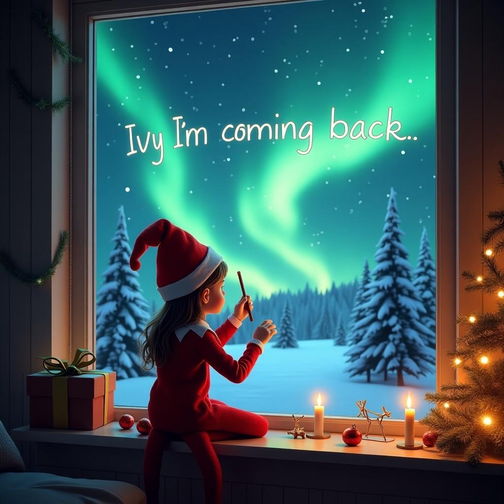 The image portrays a girl dressed as an elf sitting on a windowsill, with her back turned to the viewer. She gazes out at a stunning night scene filled with Northern Lights. In her hand, she holds a wand, writing 'Ivy I’m coming back' in the sky. Outside, snow-covered trees create a picturesque winter wonderland. Inside, the room feels warm and festive with Christmas decorations and candles, enhancing the holiday atmosphere.