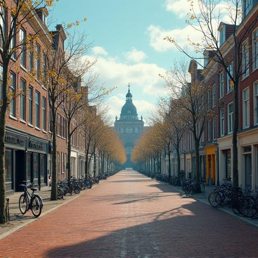 Wide view of a deserted Dutch city square with closed shops. Emphasizes stillness during pandemic. Focus on absence of people. Typical Dutch architecture in background. Bicycles parked along the street.