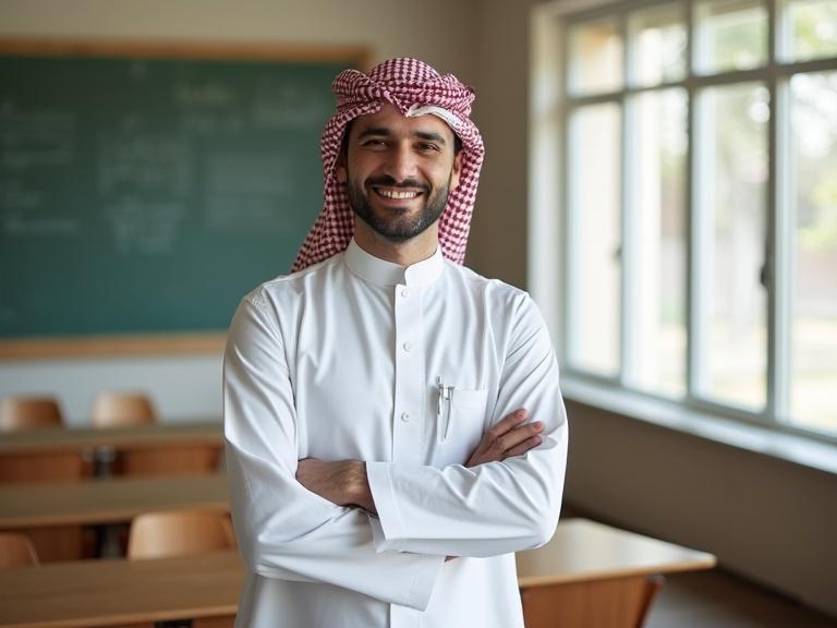 A smiling male teacher in traditional white dishdasha and patterned turban stands confidently in a large, modern classroom filled with natural light. A hyper-realistic portrayal captures him in a welcoming educational environment.